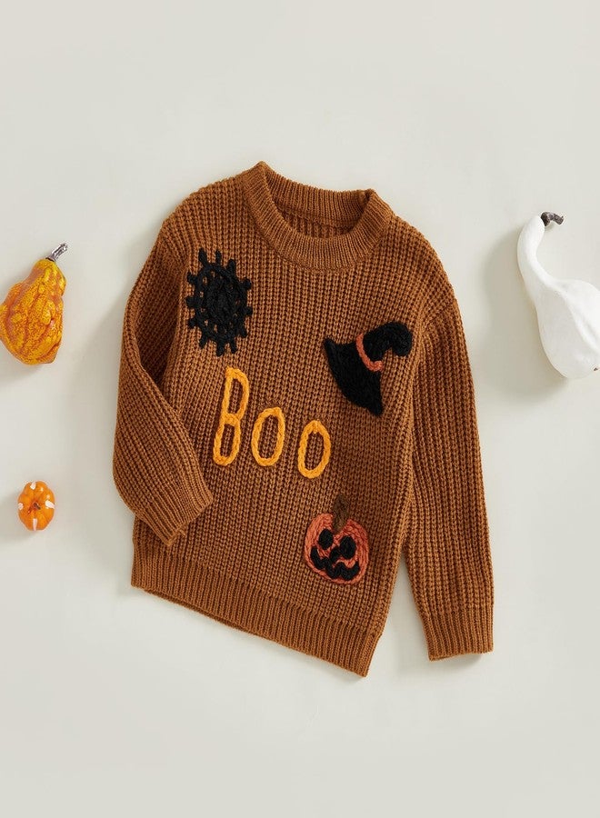 MoZiKQin Baby Halloween Outfit Boy Girl Pumpkin Sweater Ghost Embroidery Knit Sweatshirt Infant Toddler Halloween Clothes (Witch Hat Print-Brown, 2-3 Years) - Image 3