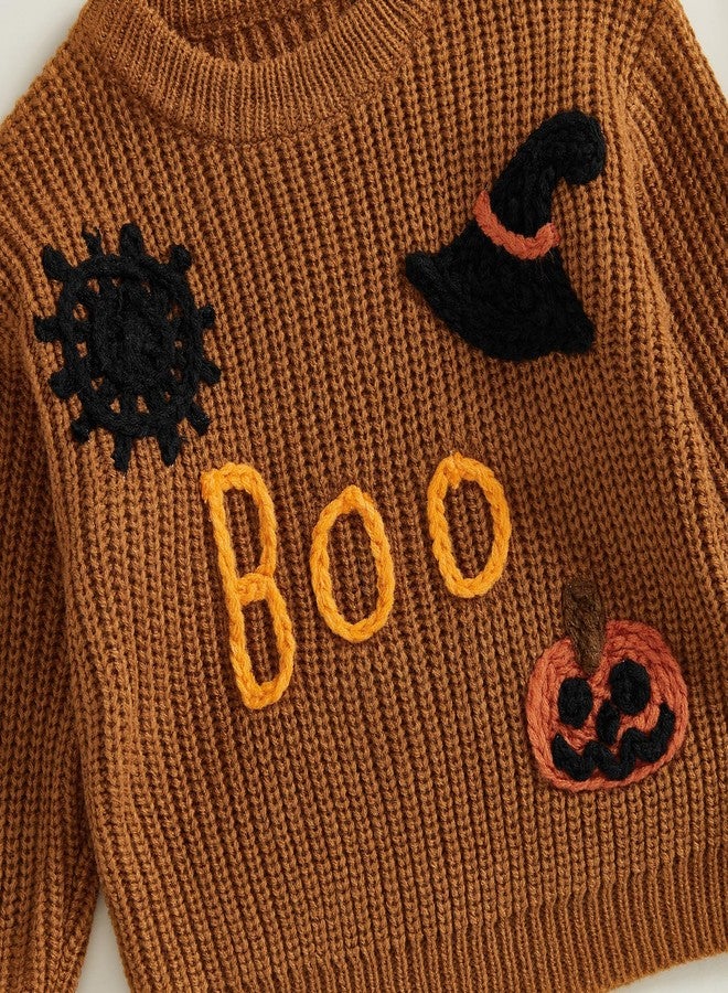 MoZiKQin Baby Halloween Outfit Boy Girl Pumpkin Sweater Ghost Embroidery Knit Sweatshirt Infant Toddler Halloween Clothes (Witch Hat Print-Brown, 2-3 Years) - Image 5