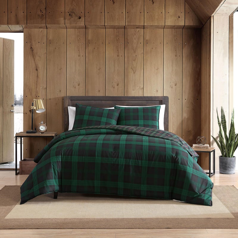 Eddie Bauer Twin Duvet Cover Set Reversible Flannel Bedding Set with Matching Sham MediumWeight Dorm Essentials Woodland Tartan Green