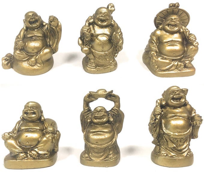 LAUGHING BUDDHA FIGURINE 2 INCH STATUE 6 PIECE SET GOLD