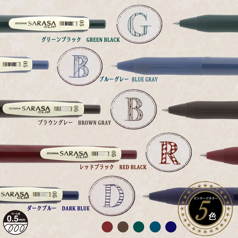 Zebra Pen ZEBRA Sarasa Clip Gel Ink Ballpoint Pen 0.5mm, Rubber Grip, Vintage Colors, 5 Colors Set (JJ15-5C-VI) - Image 3