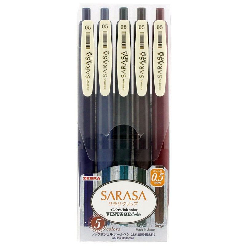 Zebra Pen ZEBRA Sarasa Clip Gel Ink Ballpoint Pen 0.5mm, Rubber Grip, Vintage Colors, 5 Colors Set (JJ15-5C-VI) - Image 1