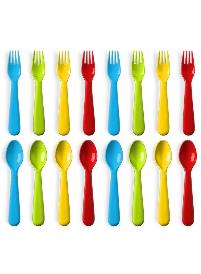 Plaskidy 16 Pc Plastic Toddler Utensils Set - 8 Kids Forks & 8 Kids Spoons, BPA Free/Dishwasher Safe, Brightly Colored Silverware, Great for Toddlers - Image 1