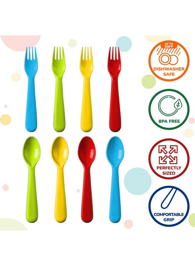 Plaskidy 16 Pc Plastic Toddler Utensils Set - 8 Kids Forks & 8 Kids Spoons, BPA Free/Dishwasher Safe, Brightly Colored Silverware, Great for Toddlers - Image 2