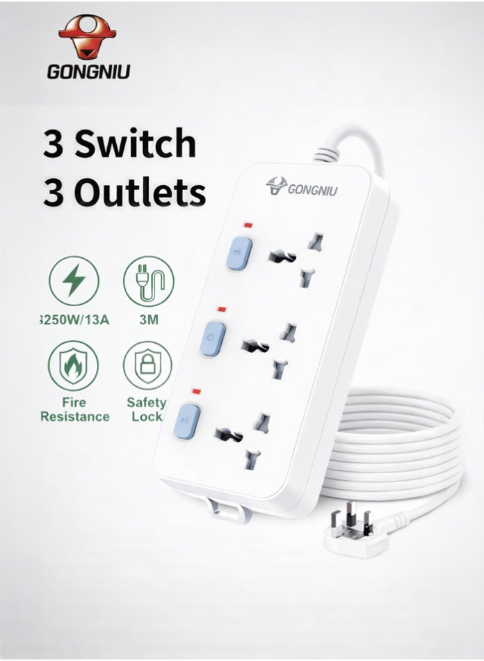 غونغنيو سلك تمديد كهربائي ثلاثي المنافذ بطول 3 أمتار مزود بثلاثة مقابس عالمية، ومفاتيح فردية، وشريط طاقة متعدد المنافذ مع فتحات تعليق، مناسب للمنزل والمكتب - Image 1