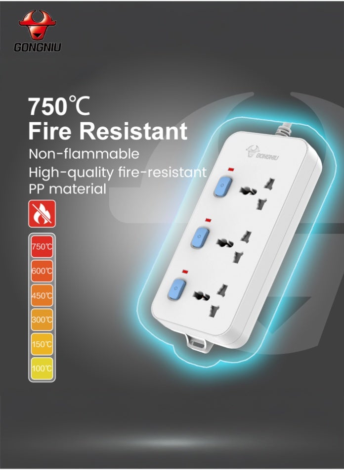 غونغنيو سلك تمديد كهربائي ثلاثي المنافذ بطول 3 أمتار مزود بثلاثة مقابس عالمية، ومفاتيح فردية، وشريط طاقة متعدد المنافذ مع فتحات تعليق، مناسب للمنزل والمكتب - Image 5
