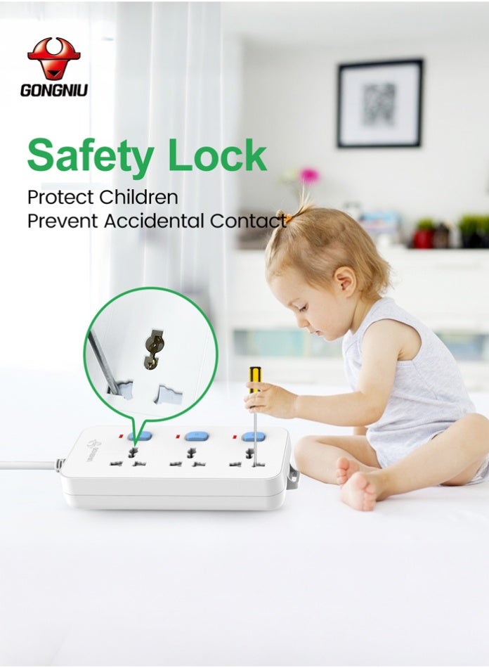 غونغنيو سلك تمديد كهربائي ثلاثي المنافذ بطول 3 أمتار مزود بثلاثة مقابس عالمية، ومفاتيح فردية، وشريط طاقة متعدد المنافذ مع فتحات تعليق، مناسب للمنزل والمكتب - Image 4