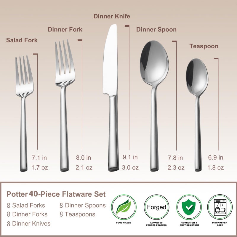 Alata Potter 40-Piece Forged Silverware Set Stainless Steel Flatware Set Cutlery Set, Service for 8, Mirror Finish, Dishwasher Safe - Image 5