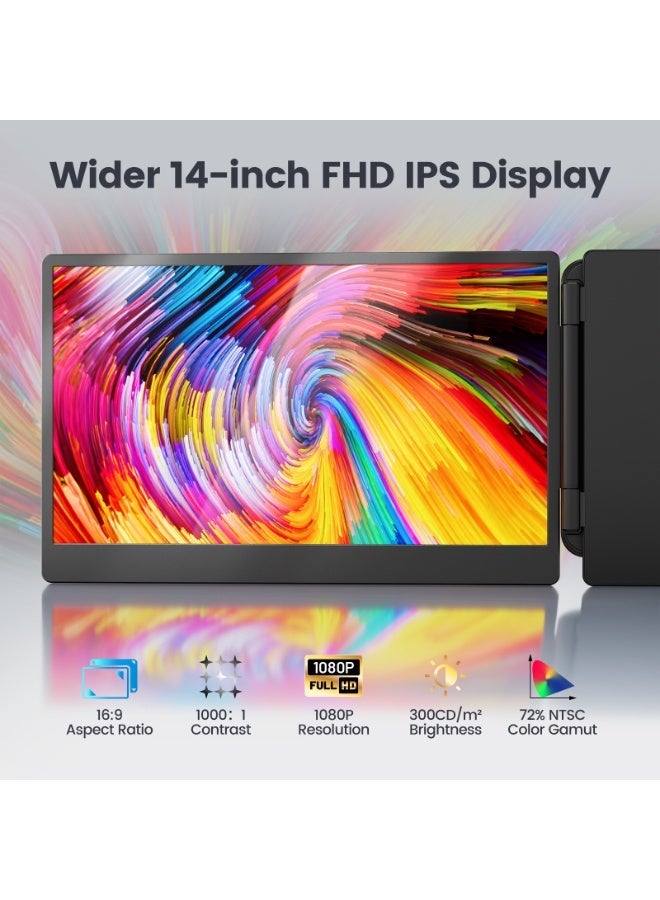 Teamgee 14" FHD 1080P IPS Triple Laptop Screen Extender, Adjustable Stand & Built-in Speakers, HDMI USB‑A Type‑C Plug & Play, Compatible with 13‑17" Laptops Mac Windows Android Dex - Image 2