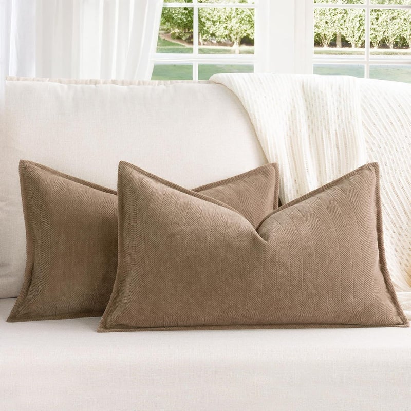 ZWJD Khaki Pillow Covers 12x20 Set of 2 Chenille Throw Pillow Covers with Elegant Design Soft and Luxurious Decorative Throw Pillows for Couch, Bed, and Home Decor - Image 1