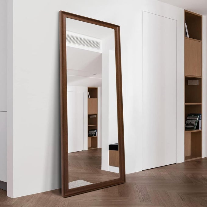 FULL LENGTH MIRROR WOOD FRAME 6522IN FLOOR MIRROR FULL BODY MIRROR WITH STANDING HOLDER HANGING WALL MIRROR STAND LARGE HD MIRROR DRESSING MIRROR FOR BEDROOMLIVING ROOM WALNUT