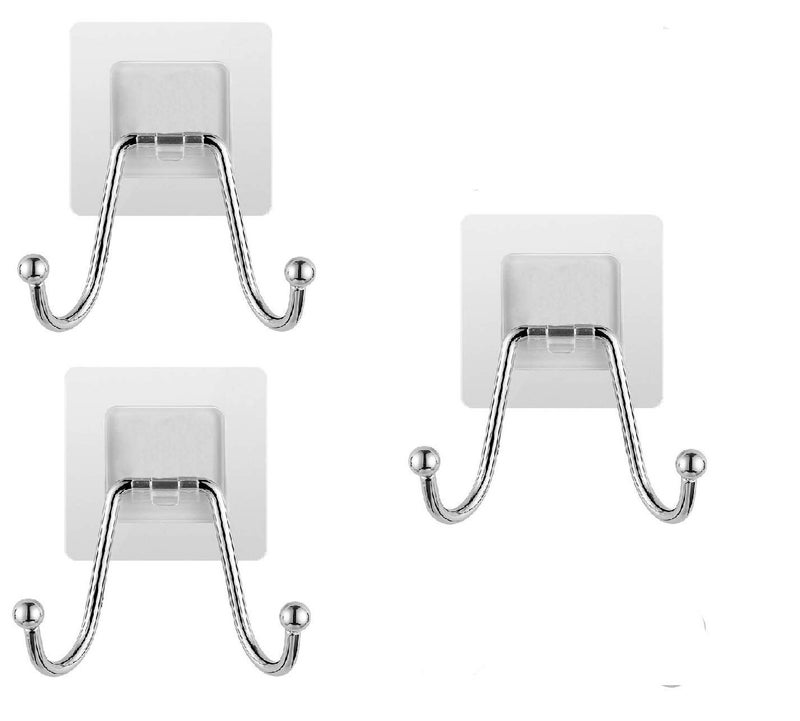 Zebroc 3Pcs Stainless Steel Wall Hangers, Bath Towel Double Hook, Self Adhesive Hooks Stick On Wall Hanging Door Clothes Holder Utility Hanging Hooks Storage (Transparent) (3, Double Hook) - Image 1