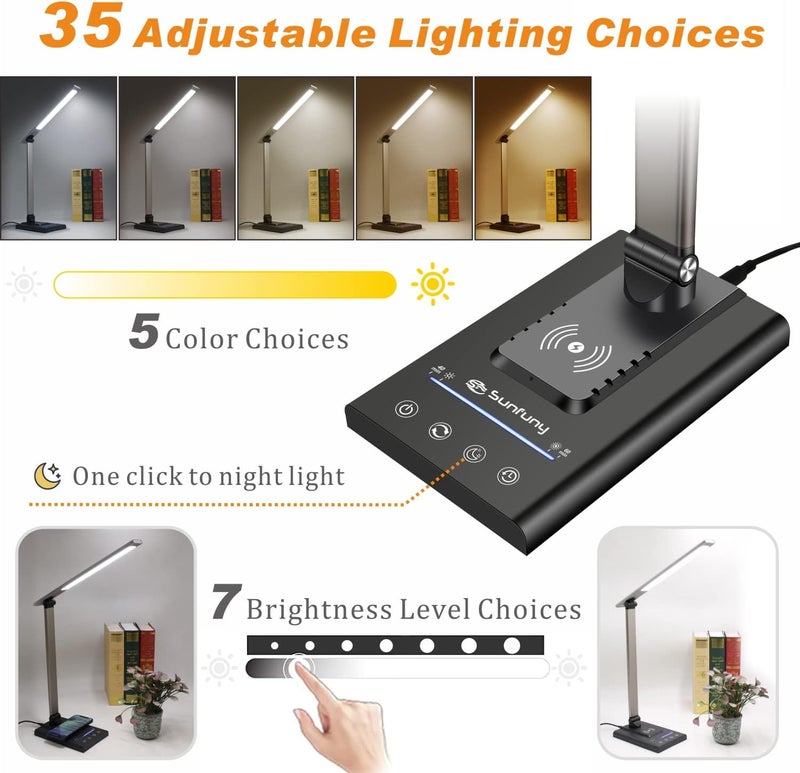 YIMI LED Desk Lamp Table Lamps with Fast Wireless Charger & USB Charging Port, 12W Reading Desk Lights with 35 Dimmable Adjustable Lighting, Smart Timer, Eye-caring Office Light for Home Office,Study(Grey) - Image 3