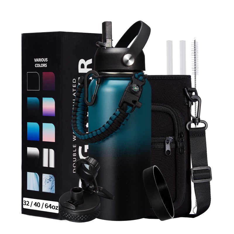 324064128 oz Insulated Water Bottle with straw Spout Lids Keep Cold 48H Hot 24H Large Water Flask Bottle with Shoulder Carrier Bag Paracord Handle Boot for Gym Workout Beach