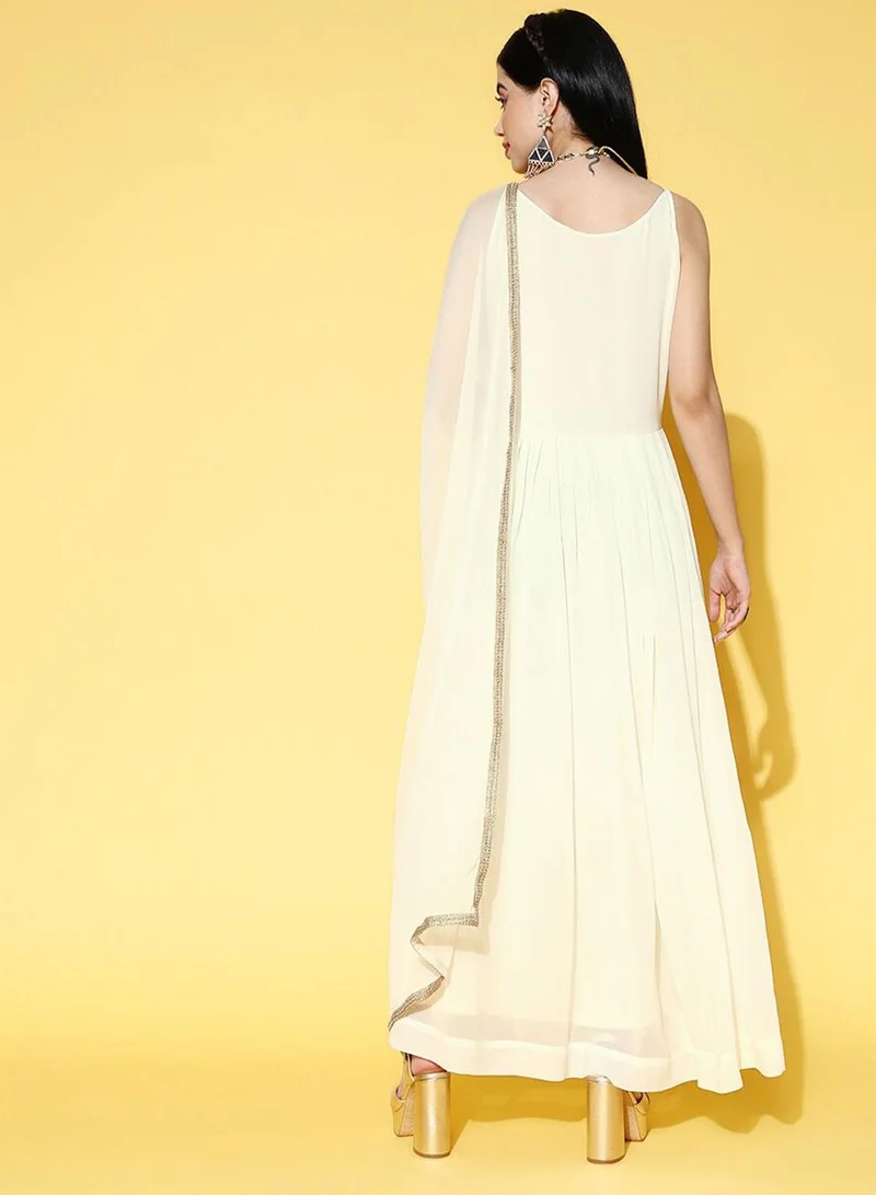 ISHIN  Women's Poly Georgette Off White Embroidered Dress With Dupatta for Women | Best Price UAE