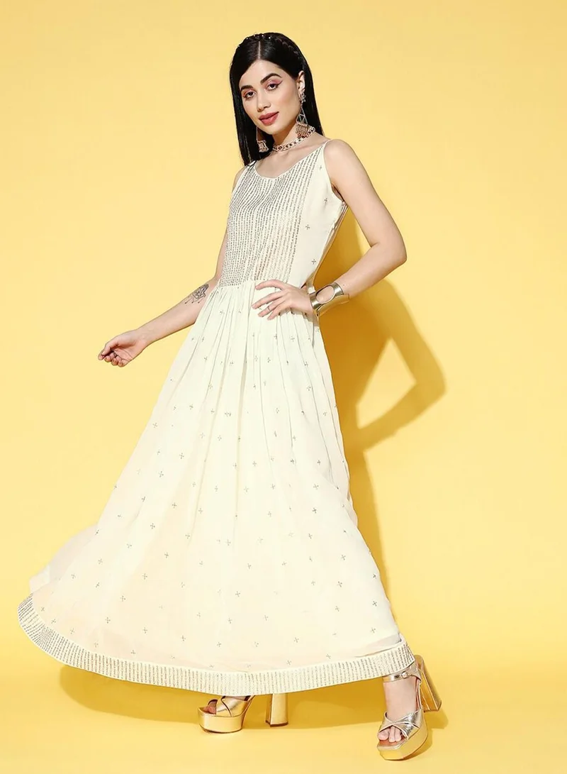 ISHIN  Women's Poly Georgette Off White Embroidered Dress With Dupatta for Women | Best Price UAE