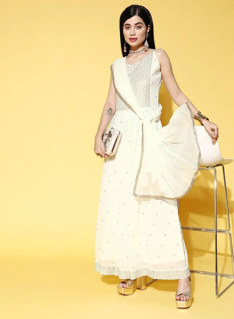 ISHIN  Women's Poly Georgette Off White Embroidered Dress With Dupatta for Women | Best Price UAE