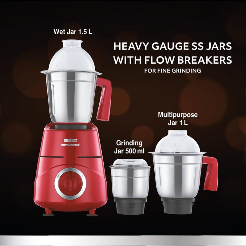 Usha Thunderbolt 800-Watt Copper Motor Mixer Grinder with 3 Jars and 5 Years Motor Warranty(Red) - Image 5