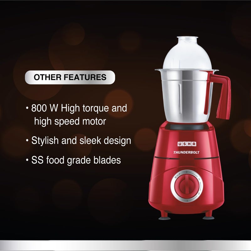 Usha Thunderbolt 800-Watt Copper Motor Mixer Grinder with 3 Jars and 5 Years Motor Warranty(Red) - Image 3