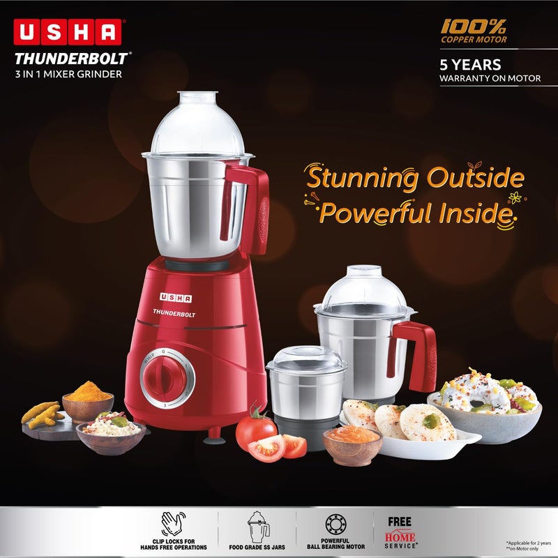 Usha Thunderbolt 800-Watt Copper Motor Mixer Grinder with 3 Jars and 5 Years Motor Warranty(Red) - Image 2