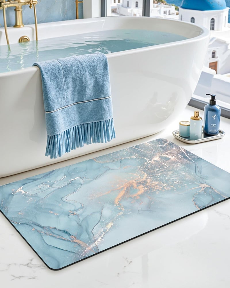 DEXI Non Slip Bathroom Mat Quick Dry, Super Absorbent Floor Mats, Ultra Thin Low Profile Rubber Shower Carpet for Sink, Tub, Bathtub, Toilet, 43 x 80 cm, Blue - Image 1