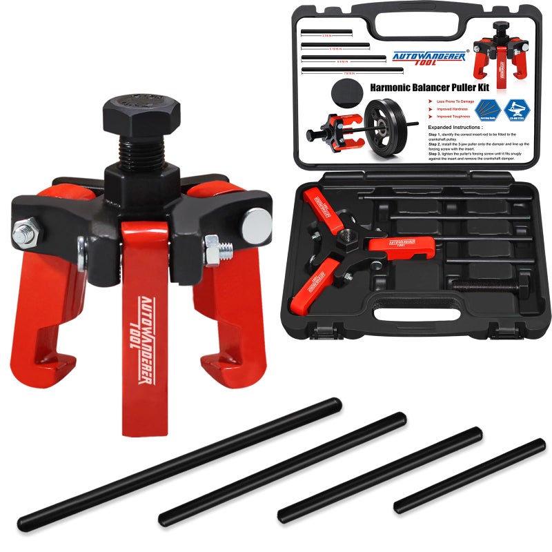 AutoWanderer Tool Harmonic Balancer Puller with Adjustable 3Jaw Puller Kit Forcing Screw Fits a 38 Square Drive and 4 Forcing Rods for Removing Harmonic Dampers Balancers