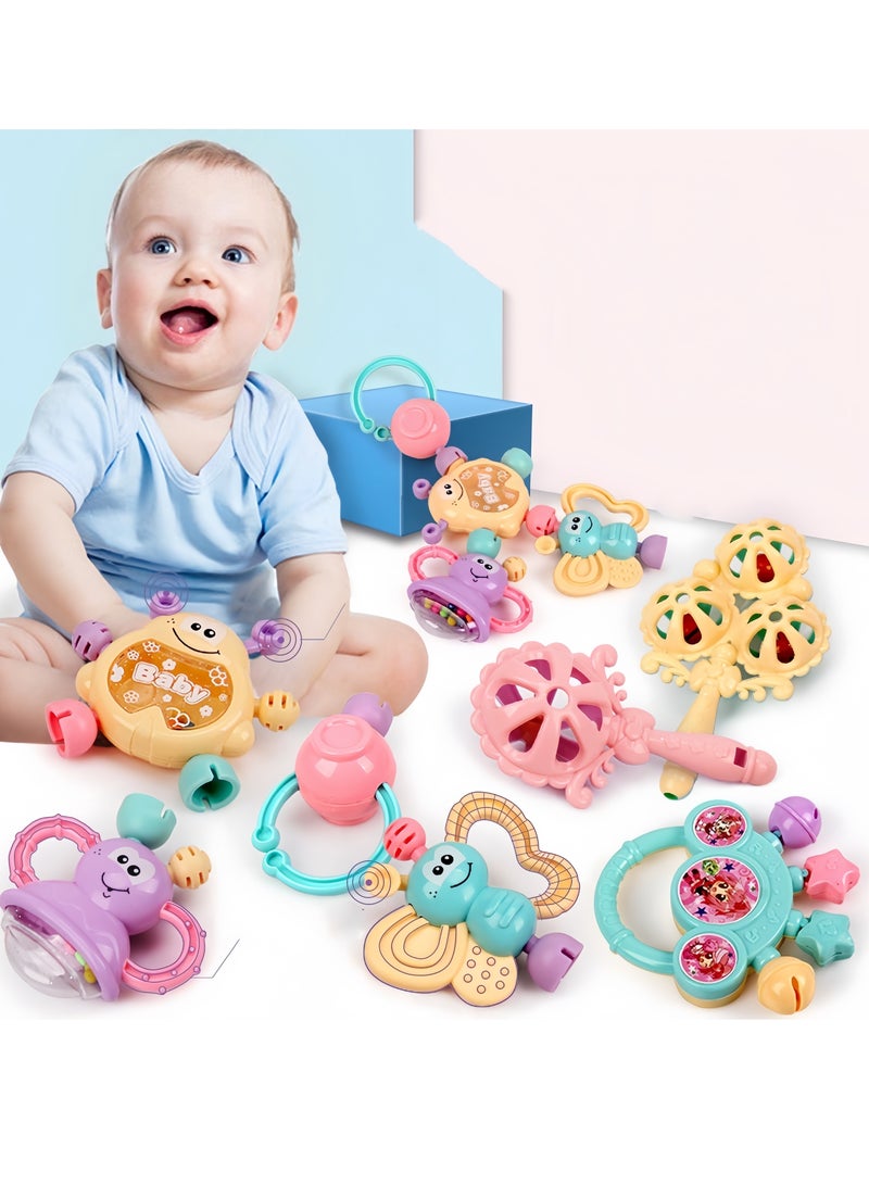 7pcs Baby Rattle Toy, Infant Teething Toys, Grab and Spin Rattles Sensory Toy Set, Food Grade Silicone + High Quality ABS Material, Macaron Color, Baby Toys Gift for Babies 0-2 year old Boys Girls, Early Educational Toy Set.  - Image 1