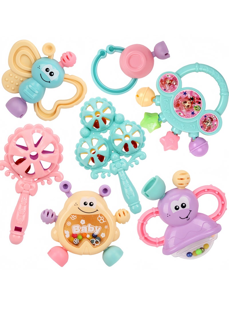 7pcs Baby Rattle Toy, Infant Teething Toys, Grab and Spin Rattles Sensory Toy Set, Food Grade Silicone + High Quality ABS Material, Macaron Color, Baby Toys Gift for Babies 0-2 year old Boys Girls, Early Educational Toy Set. - Image 1