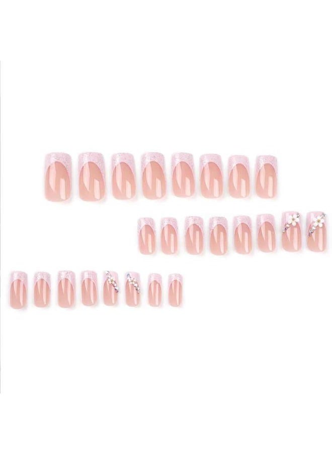 Foccna 3D Flower Fake Nails Square Pink French Press on Nails Long Bling Glossy Rhinestone False Nail Tips Artificial Nails Finger Manicure for Women and Girls 24pcs - Image 2