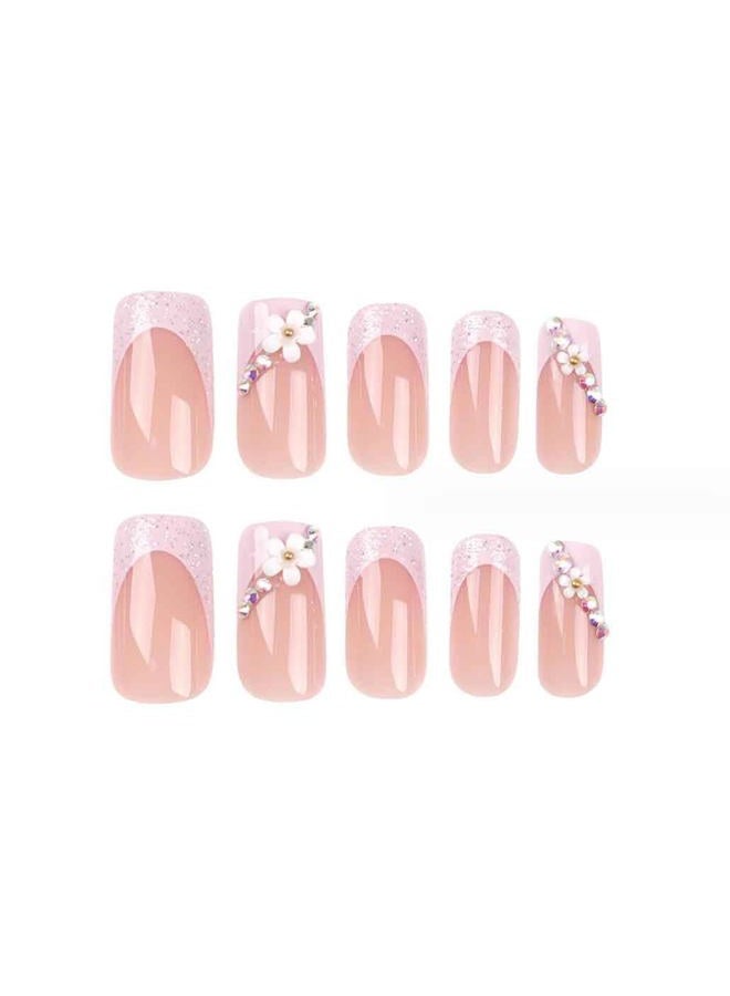 Foccna 3D Flower Fake Nails Square Pink French Press on Nails Long Bling Glossy Rhinestone False Nail Tips Artificial Nails Finger Manicure for Women and Girls 24pcs - Image 4