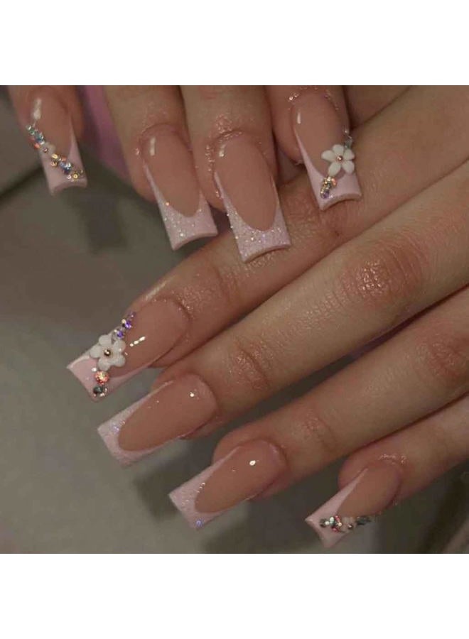 Foccna 3D Flower Fake Nails Square Pink French Press on Nails Long Bling Glossy Rhinestone False Nail Tips Artificial Nails Finger Manicure for Women and Girls 24pcs - Image 1