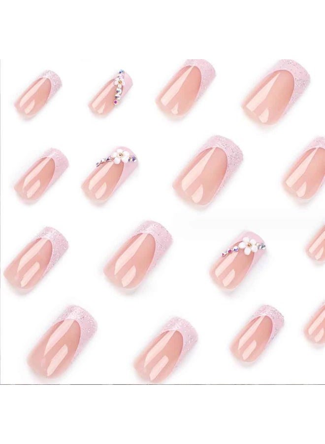 Foccna 3D Flower Fake Nails Square Pink French Press on Nails Long Bling Glossy Rhinestone False Nail Tips Artificial Nails Finger Manicure for Women and Girls 24pcs - Image 3