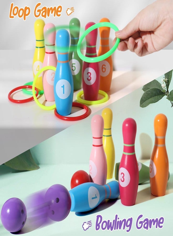 Dinhon Wooden Kids Bowling Set for Toddlers Infants Ages 2-5 - 6 Pins & 2 Balls & 6 Ferrules, Educational Early Development Indoor Outdoor Games for Boys Girls - Image 3