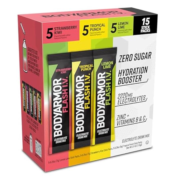 BODYARMOR حزم إلكتروليت BODYARMOR Flash IV، نكهة الفراولة والكيوي، والليمون واللايم، ونكهة البانش الاستوائي - مزيج مشروبات بدون سكر، حزم فردية، مسحوق ماء جوز الهند (15 حبة) - Image 1