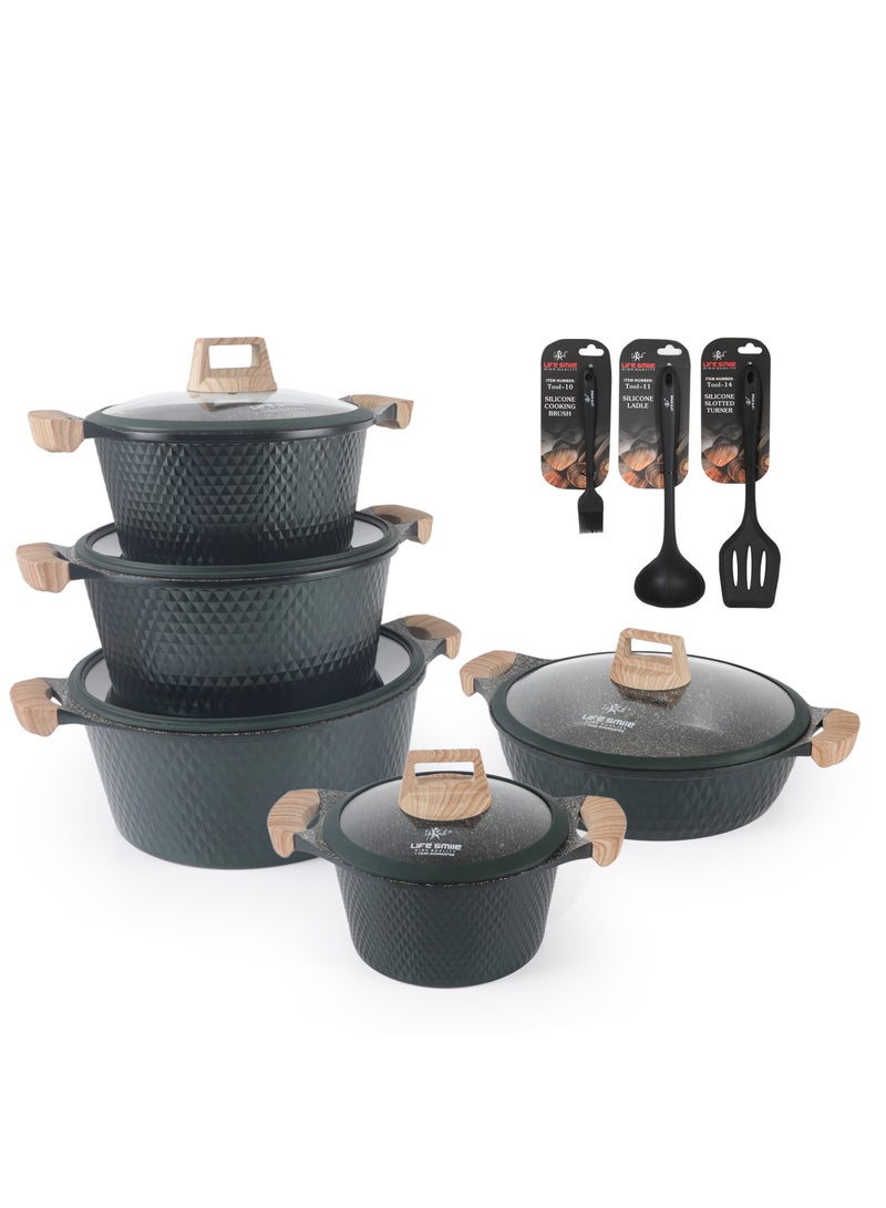 Life Smile Cookware Set 13 pieces - LIFE SMILE Pots and Pans set Granite Non Stick Coating 100% PFOA FREE, Induction Base Cooking Set include Casseroles & Shallow Pot & Silicone Utensils  - Image 1