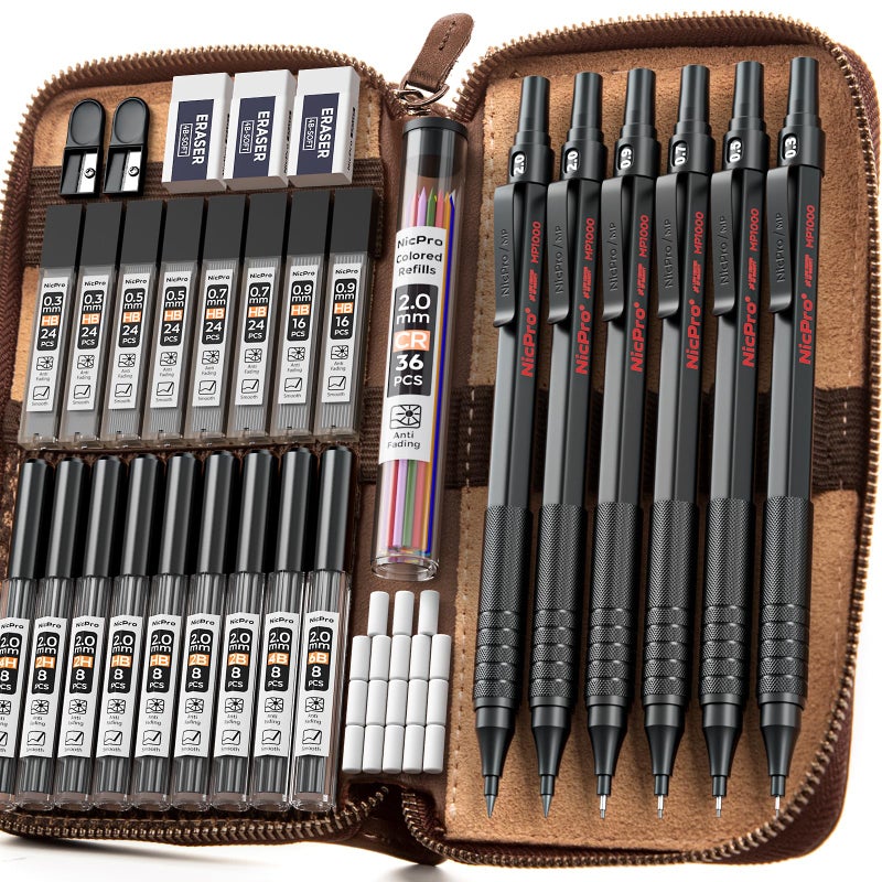 Nicpro 33PCS Black Metal Mechanical Pencil Set in Leather Case Art Drafting Pencil 03 05 07 09 mm 2mm Lead Holders for Sketching Drawing with 18 Tube 6B 4B 2B HB 2H 4H Colors Lead Refills - Image 2