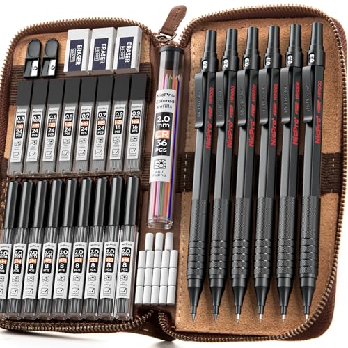 Nicpro 33PCS Black Metal Mechanical Pencil Set in Leather Case Art Drafting Pencil 03 05 07 09 mm 2mm Lead Holders for Sketching Drawing with 18 Tube 6B 4B 2B HB 2H 4H Colors Lead Refills - Image 1