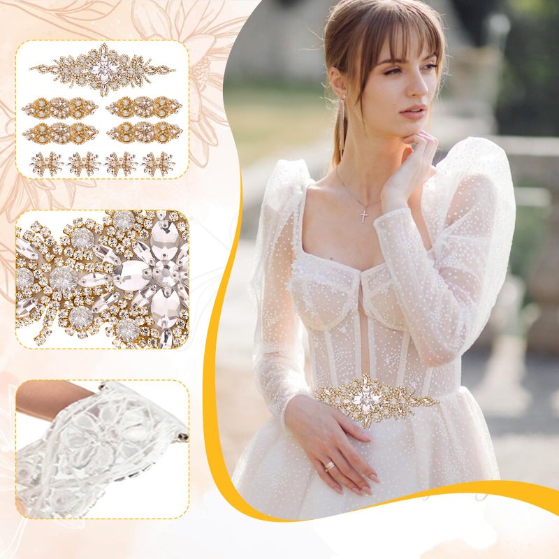 BINBE 9 Pack Rhinestone Crystal Wedding Applique Iron on Patch DIY Sewing Appliques for Bridal Wedding Dress Clothes Shoes Decoration (Gold 2) - Image 3