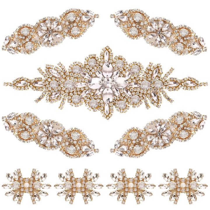 BINBE 9 Pack Rhinestone Crystal Wedding Applique Iron on Patch DIY Sewing Appliques for Bridal Wedding Dress Clothes Shoes Decoration (Gold 2) - Image 1