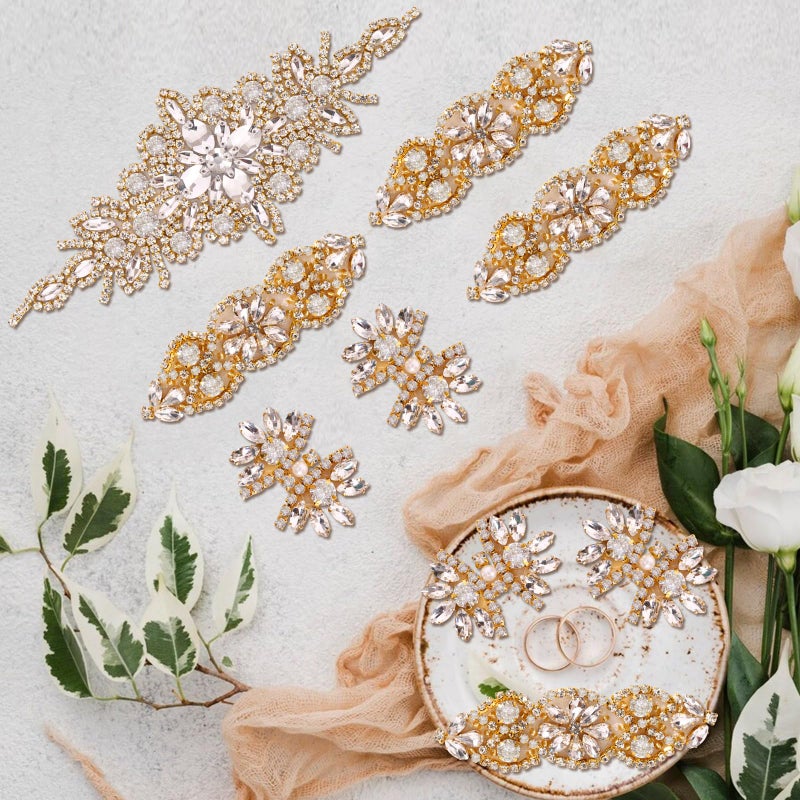 BINBE 9 Pack Rhinestone Crystal Wedding Applique Iron on Patch DIY Sewing Appliques for Bridal Wedding Dress Clothes Shoes Decoration (Gold 2) - Image 4