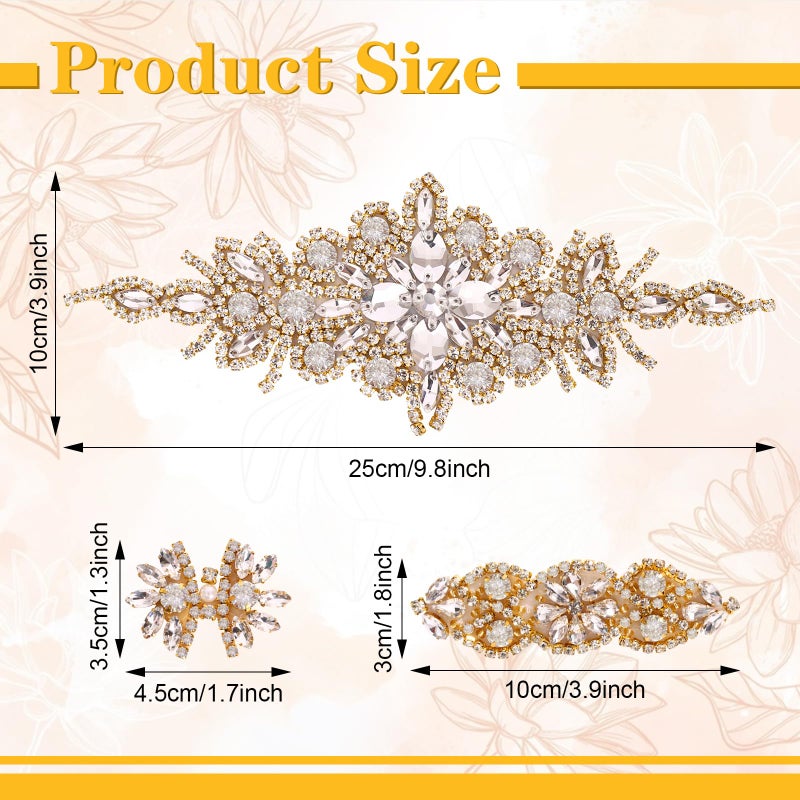 BINBE 9 Pack Rhinestone Crystal Wedding Applique Iron on Patch DIY Sewing Appliques for Bridal Wedding Dress Clothes Shoes Decoration (Gold 2) - Image 2