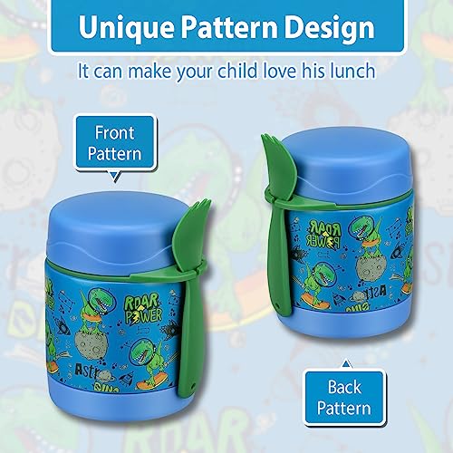 Howeemo 10oz Soup Thermo for Hot Food Kids,Lunch Thermo Kids Food Jar with Spoon Hot Insulated Food Containers,Leak Proof Stainless Steel Wide Mouth Lunch Food Thermo Jar for School(Blue-Dinosaur) - Image 2
