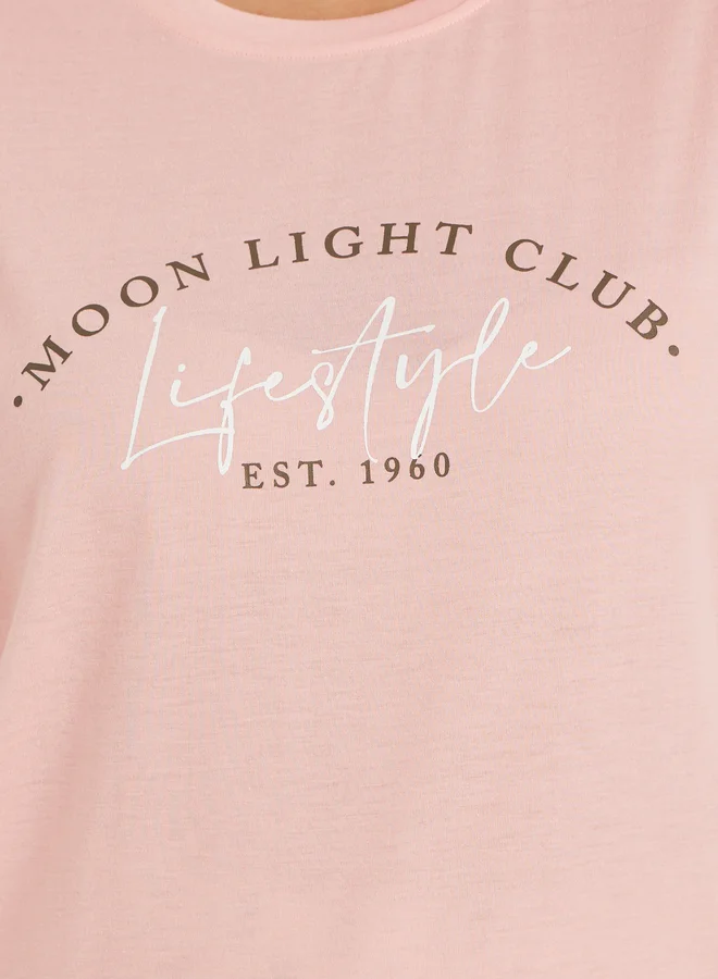 Styli Slogan Print Dropped Shoulder T-Shirt and All-Over Print Pyjama Set