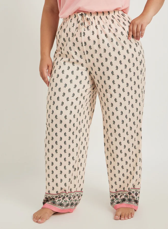 Styli Slogan Print Dropped Shoulder T-Shirt and All-Over Print Pyjama Set