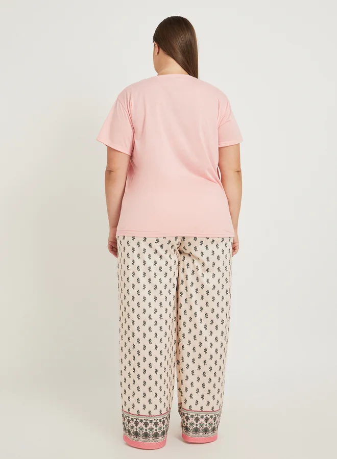 Styli Slogan Print Dropped Shoulder T-Shirt and All-Over Print Pyjama Set