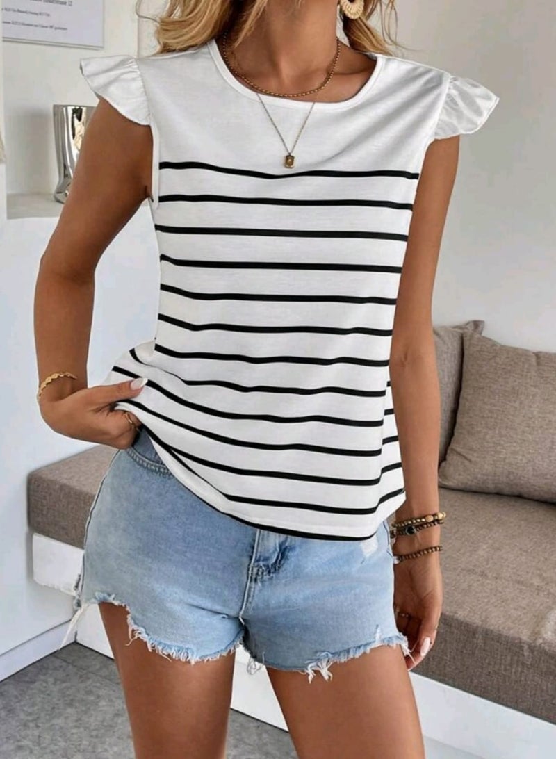 Shein Franclia SHEIN Women's Casual & Versatile Round Neck T-Shirt With Simple False Cap Sleeve And Black&White Striped  - Image 1