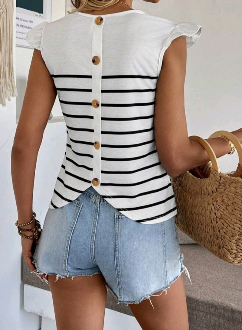 Shein Franclia SHEIN Women's Casual & Versatile Round Neck T-Shirt With Simple False Cap Sleeve And Black&White Striped  - Image 2