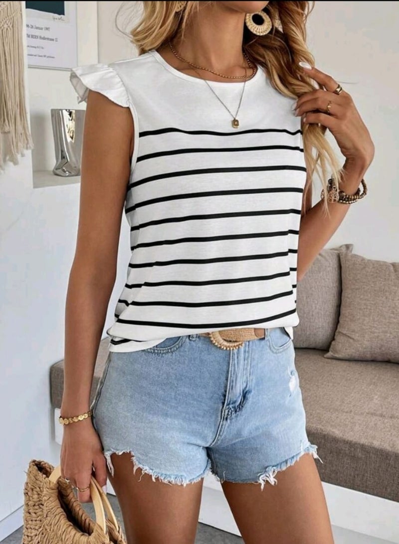 Shein Franclia SHEIN Women's Casual & Versatile Round Neck T-Shirt With Simple False Cap Sleeve And Black&White Striped  - Image 4