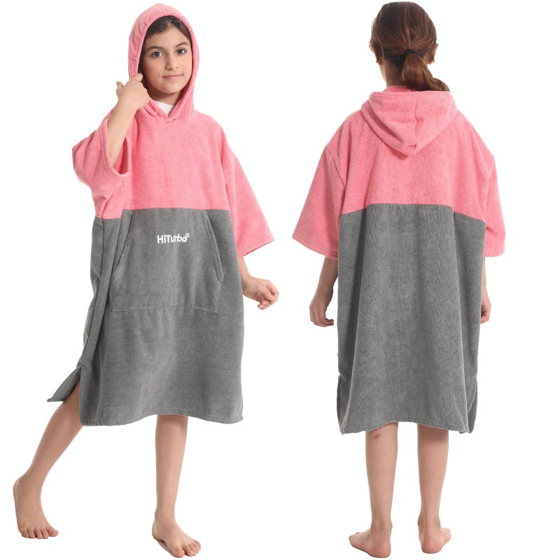 Hiturbo Hiturbo Kids Changing Towel Robe Absorbent Quick Dry Surf Poncho 34 Sleeve Microfiber Bath Towels for Beach Pool PinkGray 