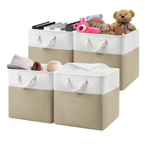 Patvingot 13x13x13 Cube Storage Bins4 Pack Large Foldable Fabric Storage Cubes with Handles for Organizing Home Closet Shelf OfficeWhiteKhaki - Image 1